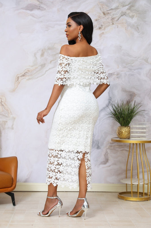 3D Floral Lace Off-Shoulder Bodycon Midi Dress - Wedding Guest Bridal Shower - MSHIGHBEAUTY
