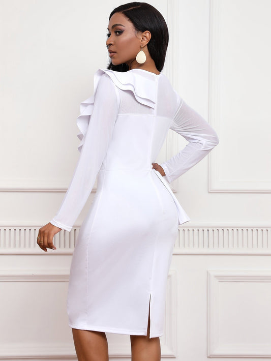 Pearl Rhinestone Ruffle Midi Dress with Mesh Sleeves - Wedding Guest Dress - MSHIGHBEAUTY