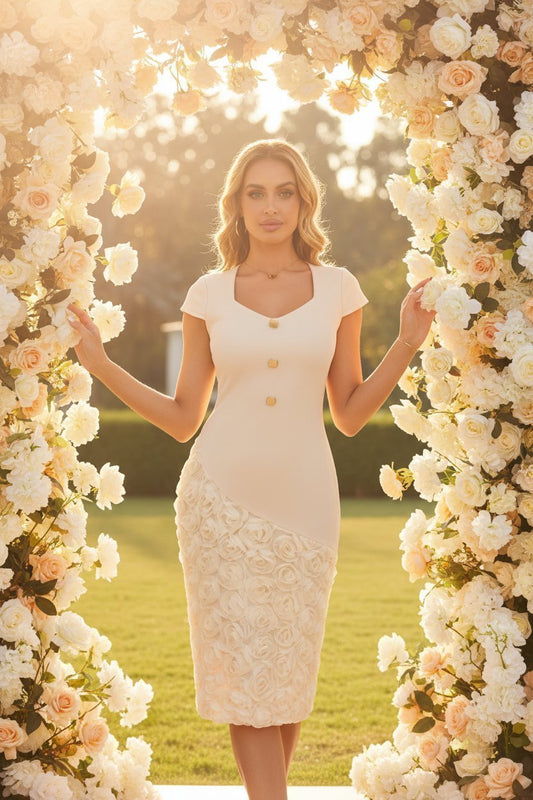 3D Rose Appliqué Lace Bodycon Midi Dress - Wedding Guest Dress - MSHIGHBEAUTY