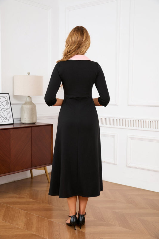 Color Block Peter Pan Collar A-Line Midi Dress - Vintage Office Style - MSHIGHBEAUTY