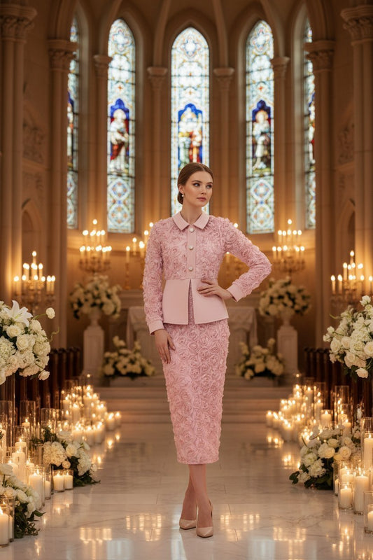 3D Rose Lace Faux Two-Piece Midi Dress with Pearl Button Belt - Wedding Guest - MSHIGHBEAUTY
