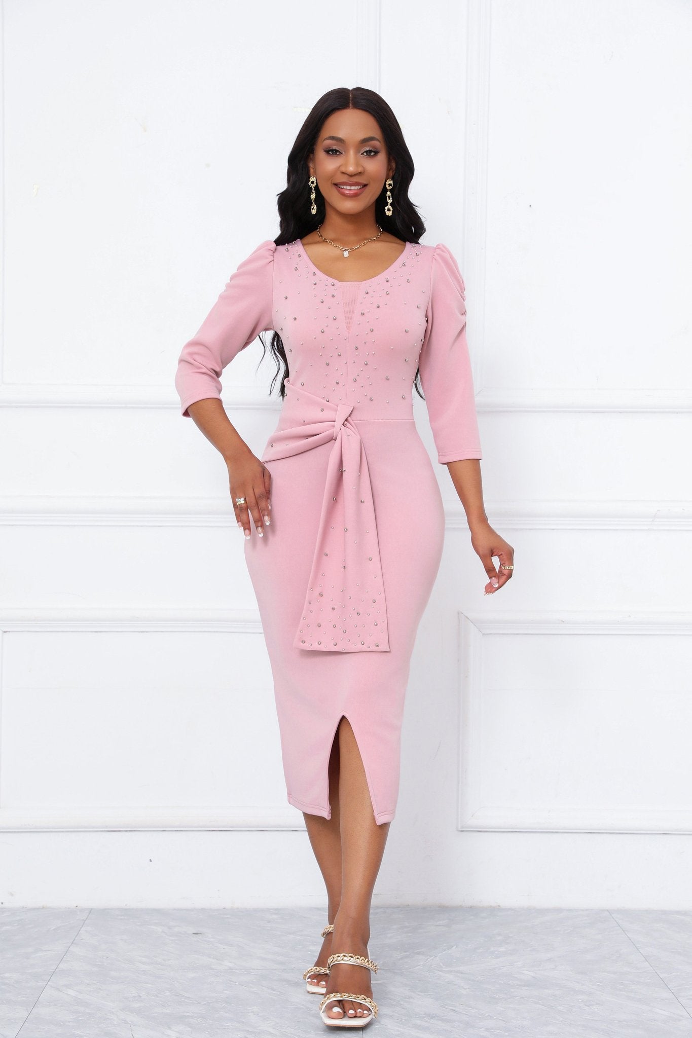 Rhinestone Embellished Puff Sleeve Bow Belt V-Neck Bodycon Midi Dress - MSHIGHBEAUTY