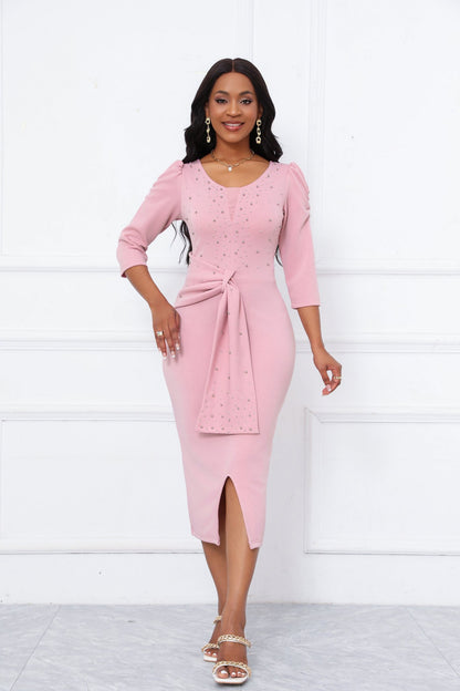 Rhinestone Embellished Puff Sleeve Bow Belt V-Neck Bodycon Midi Dress - MSHIGHBEAUTY