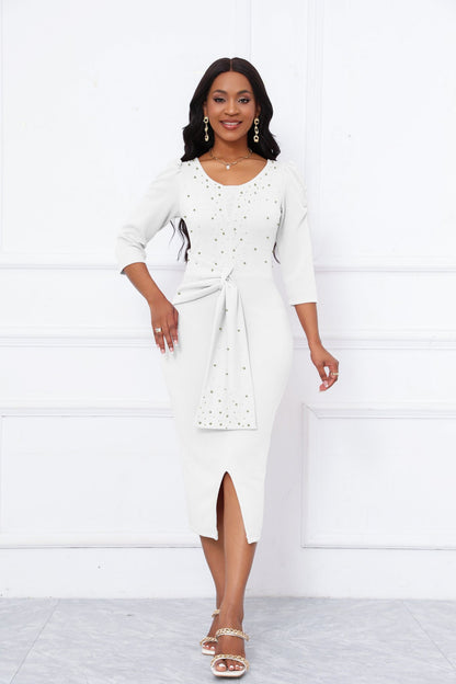 Rhinestone Embellished Puff Sleeve Bow Belt V-Neck Bodycon Midi Dress - MSHIGHBEAUTY