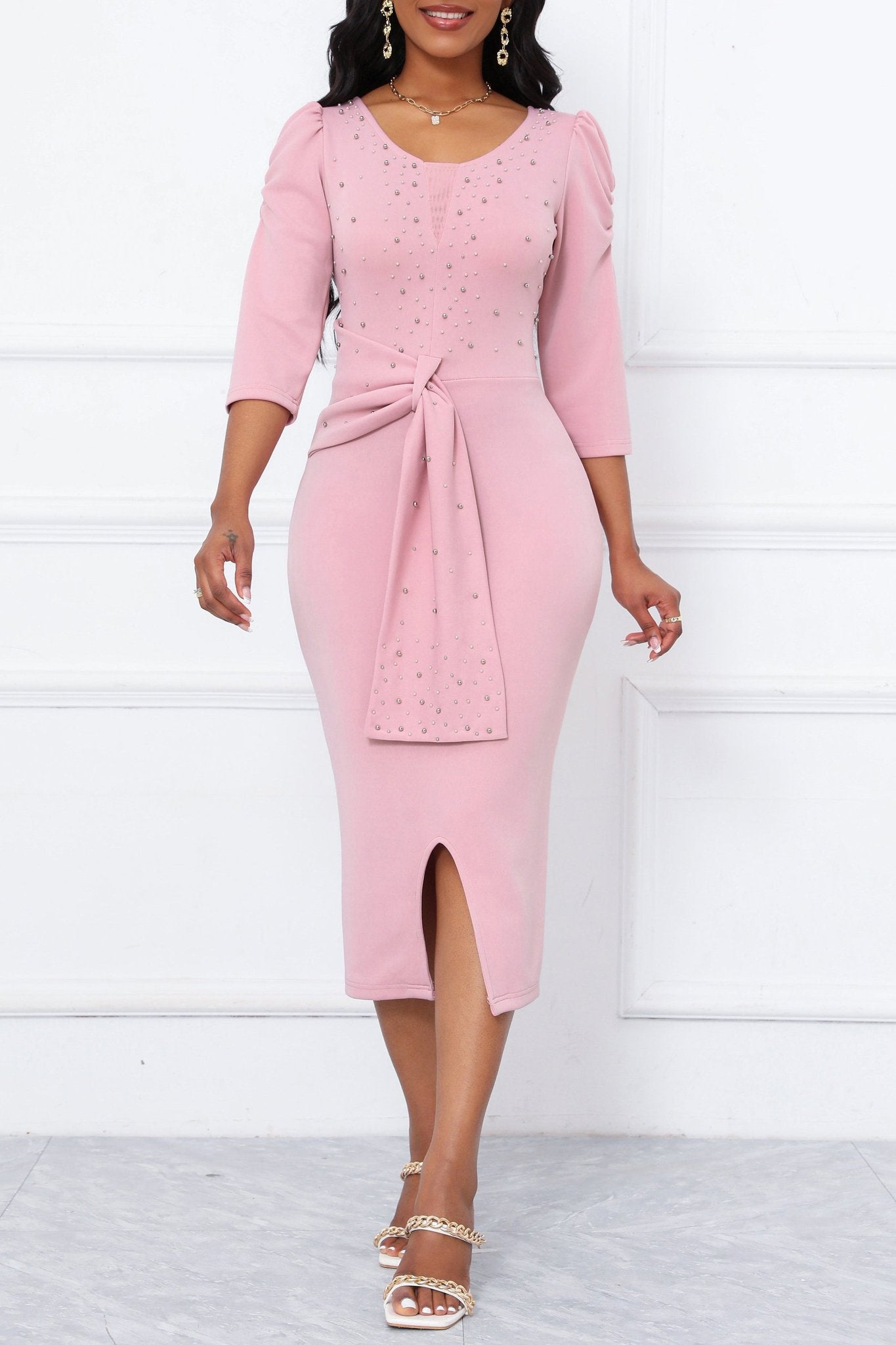Rhinestone Embellished Puff Sleeve Bow Belt V-Neck Bodycon Midi Dress - MSHIGHBEAUTY