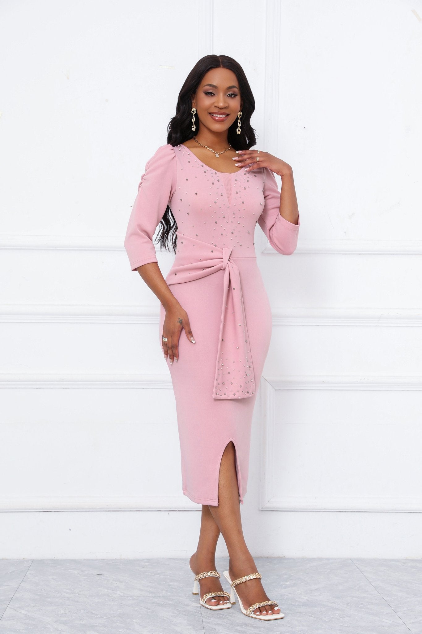 Rhinestone Embellished Puff Sleeve Bow Belt V-Neck Bodycon Midi Dress - MSHIGHBEAUTY