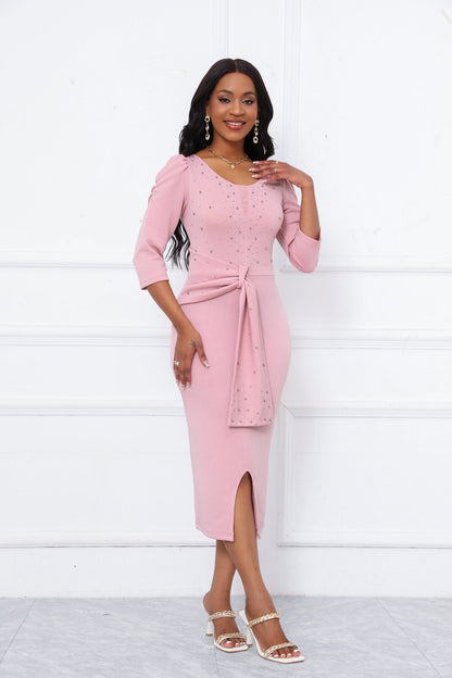 Rhinestone Embellished Puff Sleeve Bow Belt V-Neck Bodycon Midi Dress - MSHIGHBEAUTY