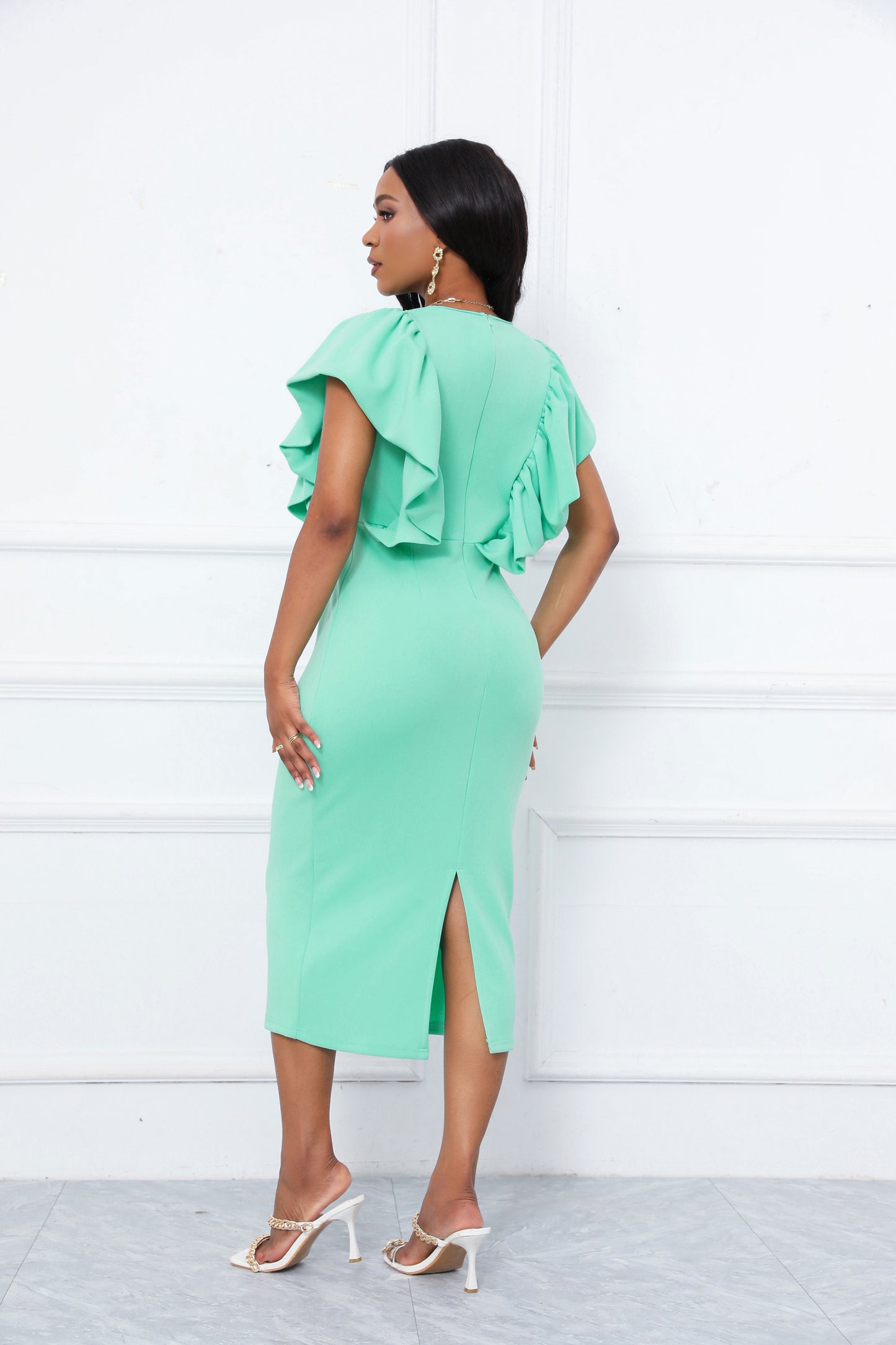 Elegant Mint Green Pearl Embellished Dress | Ruffle Sleeve V-Neck Bodycon Midi Dress | Wedding Guest Party Dress