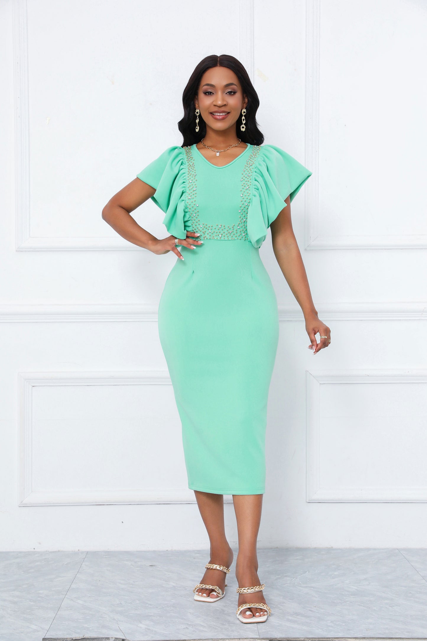 Elegant Mint Green Pearl Embellished Dress | Ruffle Sleeve V-Neck Bodycon Midi Dress | Wedding Guest Party Dress