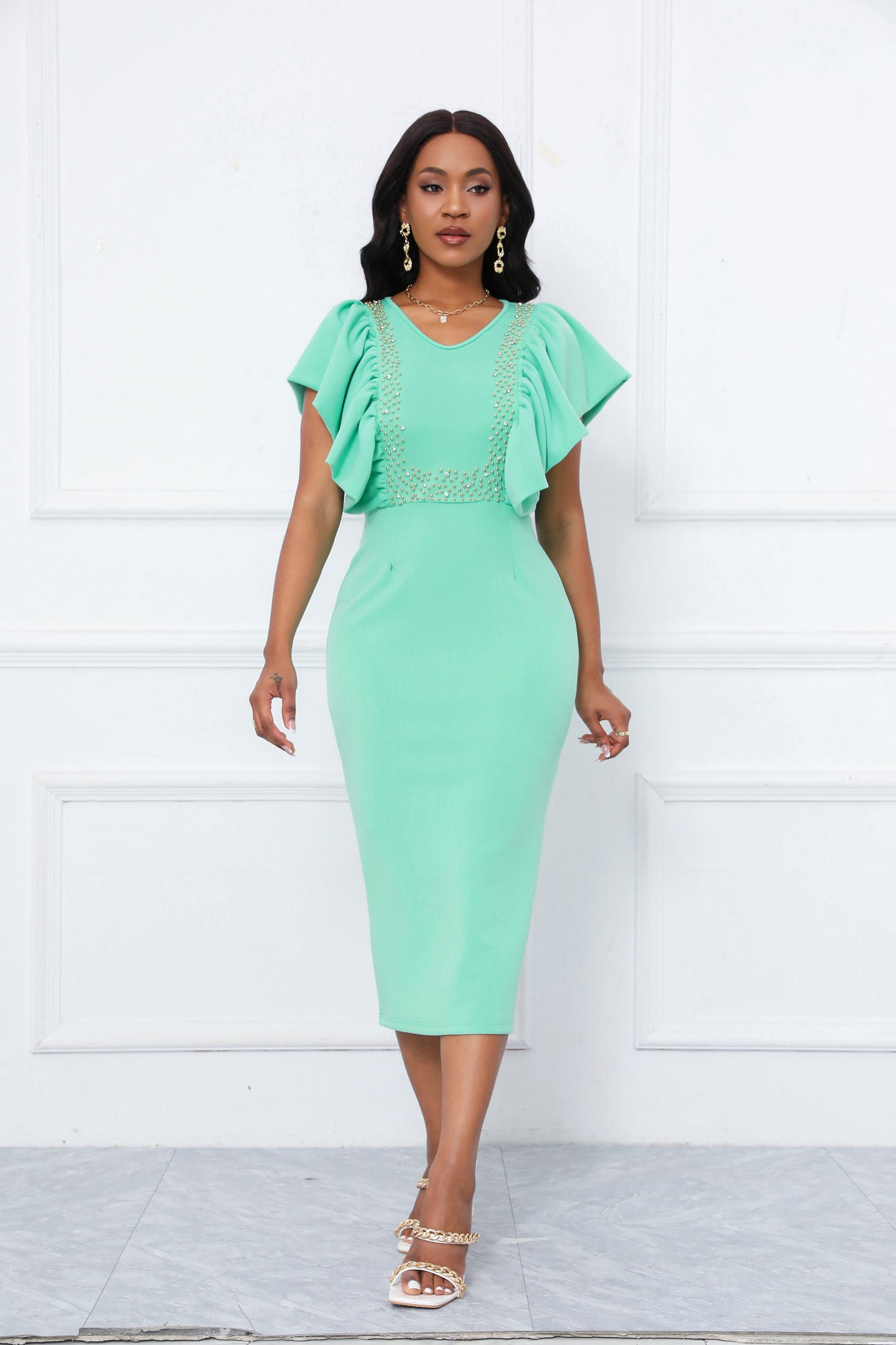 Elegant Mint Green Pearl Embellished Dress | Ruffle Sleeve V-Neck Bodycon Midi Dress | Wedding Guest Party Dress