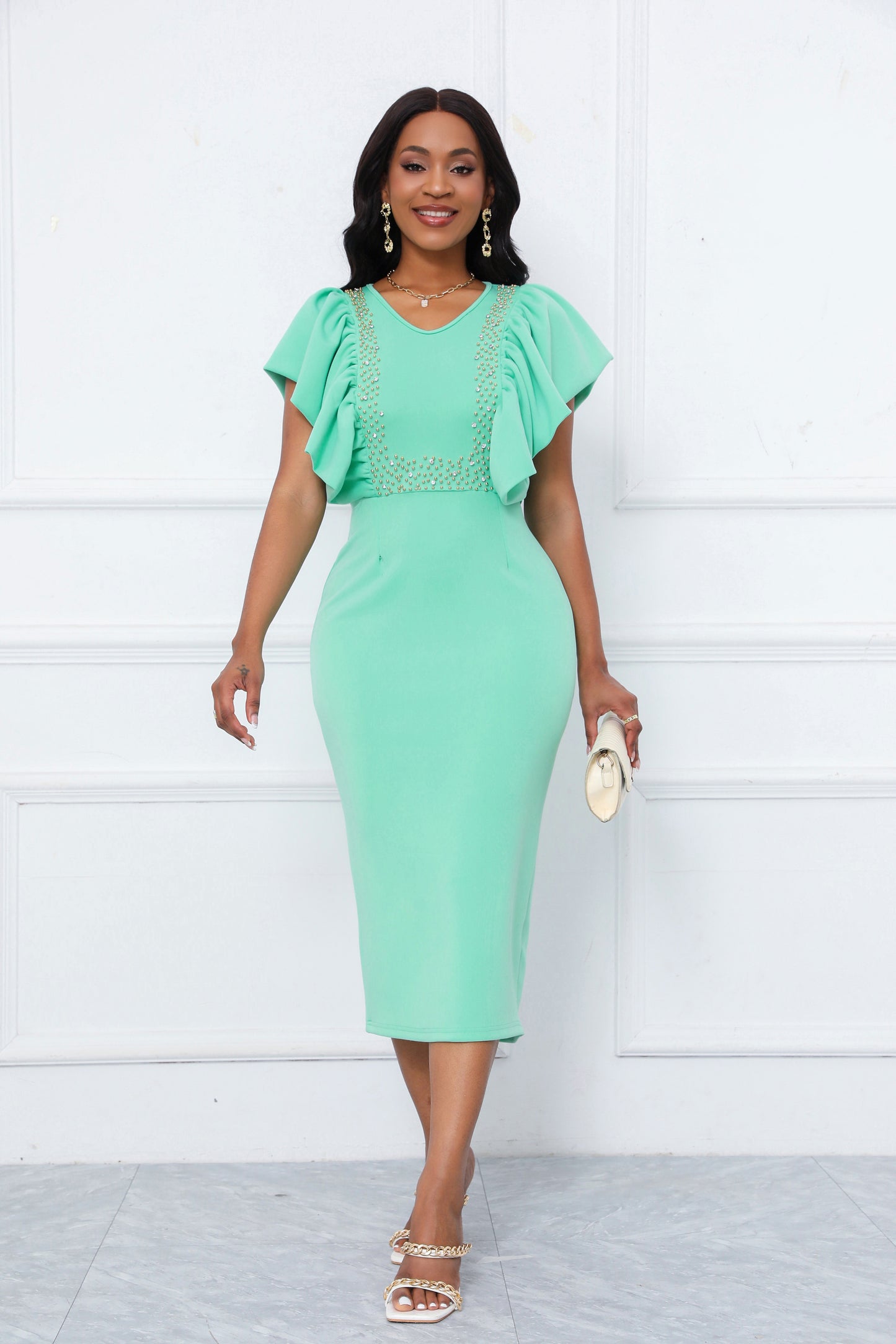 Elegant Mint Green Pearl Embellished Dress | Ruffle Sleeve V-Neck Bodycon Midi Dress | Wedding Guest Party Dress