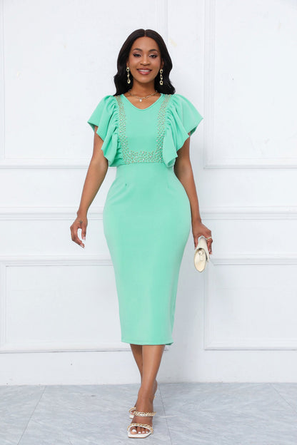 Pearl Embellished Ruffle Sleeve V-Neck Bodycon Midi Dress - Wedding Guest - MSHIGHBEAUTY