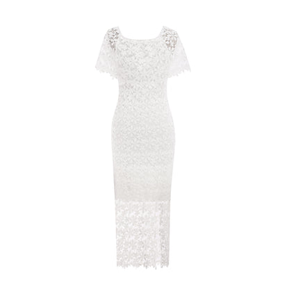 White 3D Floral Lace Off-Shoulder Dress | Elegant Bodycon Midi | Wedding Guest Bridal Shower Dress