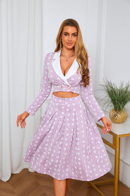 Crop Blazer and Pleated Skirt Two-Piece Set - Elegant Occasion Outfit - MSHIGHBEAUTY