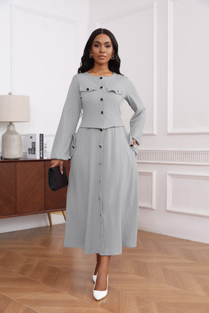 Elegant Textured Knit Dress Set | Button Front | Long Sleeve Midi | Office Wedding Guest