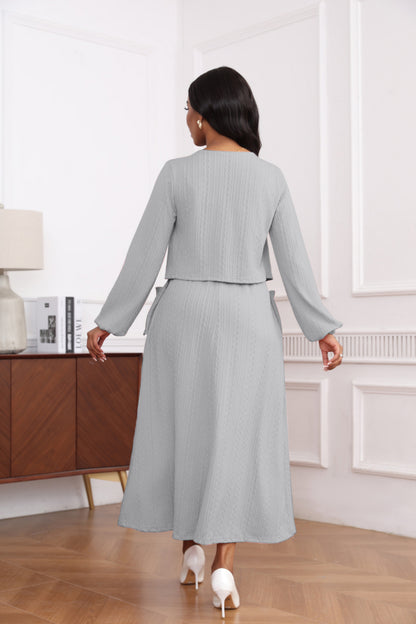 Elegant Textured Knit Dress Set | Button Front | Long Sleeve Midi | Office Wedding Guest