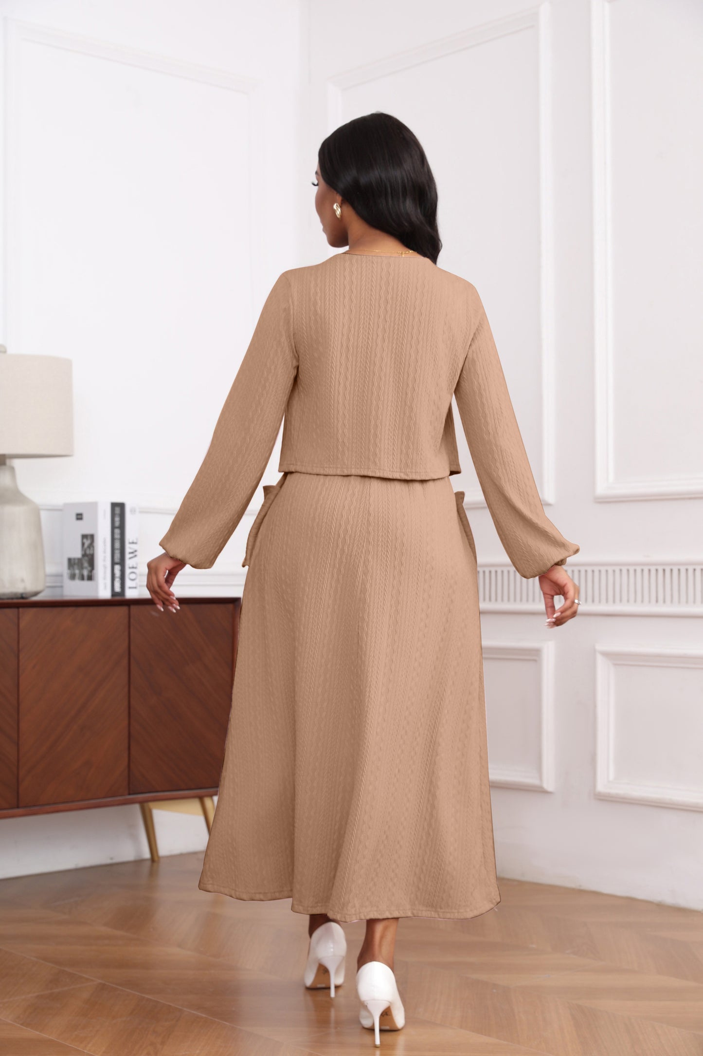 Elegant Textured Knit Dress Set | Button Front | Long Sleeve Midi | Office Wedding Guest