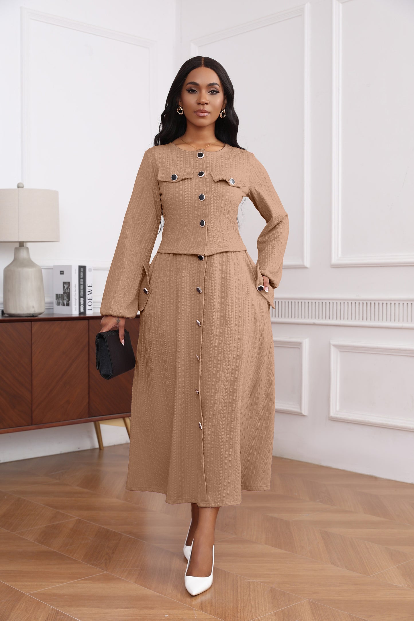 Elegant Textured Knit Dress Set | Button Front | Long Sleeve Midi | Office Wedding Guest