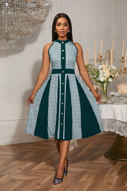 Elegant Houndstooth Halter Dress | 3 Colors | Vintage Button Front A-Line Midi | Party Wedding Guest Dress