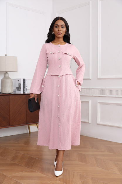 Elegant Textured Knit Dress Set | Button Front | Long Sleeve Midi | Office Wedding Guest