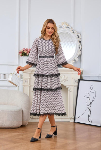 Chevron Tiered Lace Trim Bell Sleeve Midi Dress - Wedding Guest Dress - MSHIGHBEAUTY