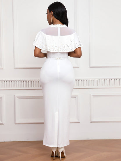 Pearl Rhinestone Ruffle Dress - Mesh Sleeve Wedding Guest Party Dress - MSHIGHBEAUTY