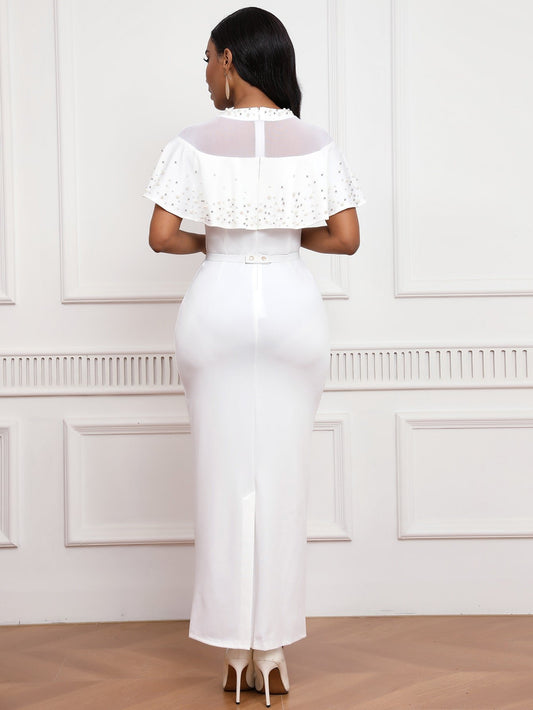Pearl Rhinestone Ruffle Dress - Mesh Sleeve Wedding Guest Party Dress - MSHIGHBEAUTY