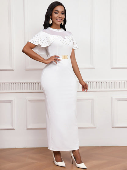 Pearl Rhinestone Ruffle Dress - Mesh Sleeve Wedding Guest Party Dress - MSHIGHBEAUTY