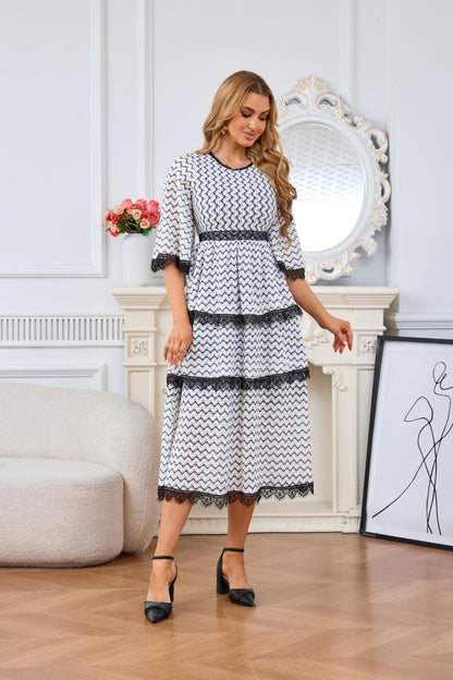 Chevron Tiered Lace Trim Bell Sleeve Midi Dress - Wedding Guest Dress - MSHIGHBEAUTY