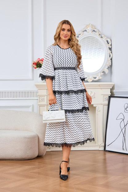 Chevron Tiered Lace Trim Bell Sleeve Midi Dress - Wedding Guest Dress - MSHIGHBEAUTY