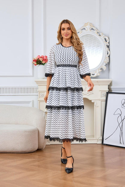 Chevron Tiered Lace Trim Bell Sleeve Midi Dress - Wedding Guest Dress - MSHIGHBEAUTY