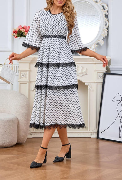 Chevron Tiered Lace Trim Bell Sleeve Midi Dress - Wedding Guest Dress - MSHIGHBEAUTY