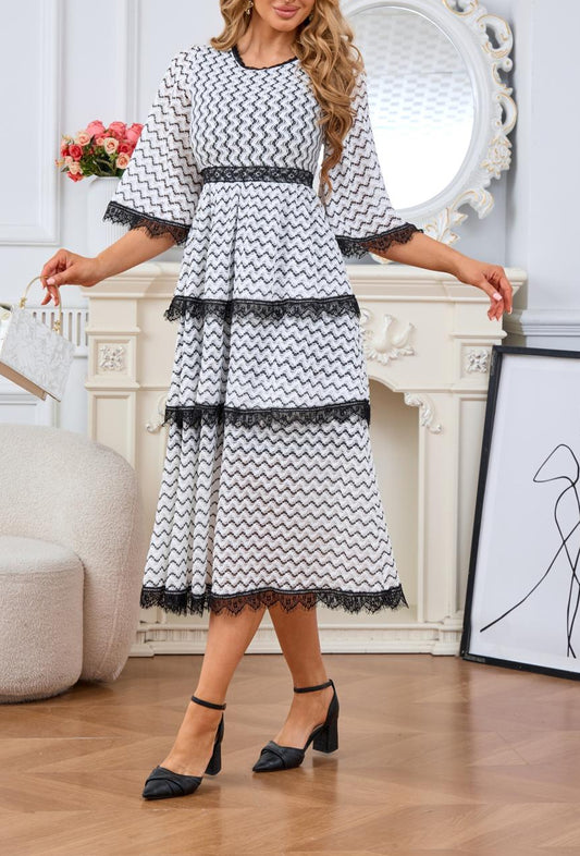 MS2667 Chevron Pattern Tiered Cake Dress with Lace Trim - Plus Size S-XXL