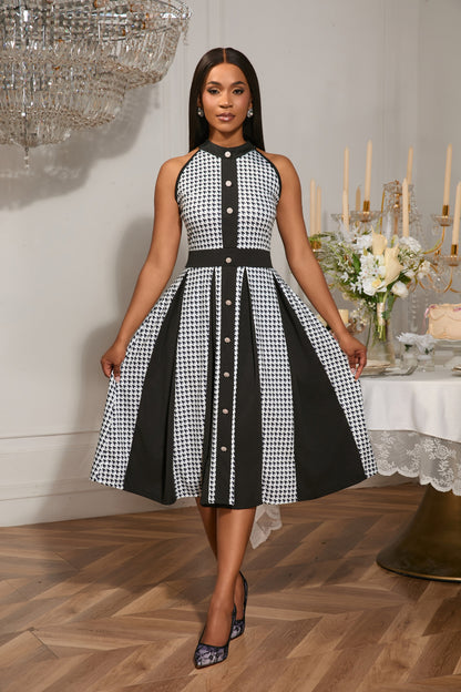 Elegant Houndstooth Halter Dress | 3 Colors | Vintage Button Front A-Line Midi | Party Wedding Guest Dress