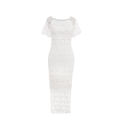 White 3D Floral Lace Off-Shoulder Dress | Elegant Bodycon Midi | Wedding Guest Bridal Shower Dress