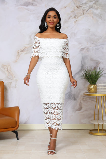 White 3D Floral Lace Off-Shoulder Dress | Elegant Bodycon Midi | Wedding Guest Bridal Shower Dress