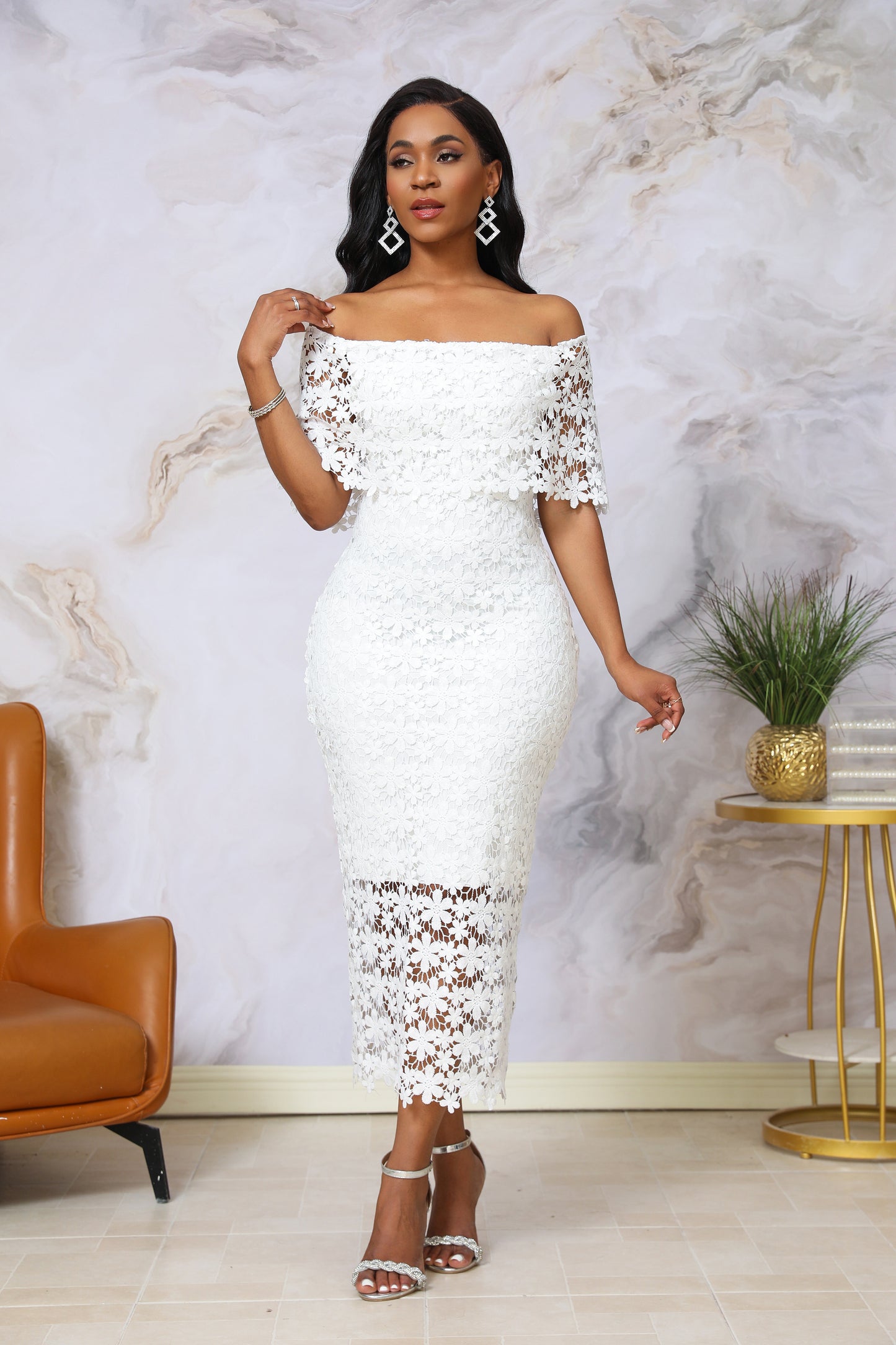 White 3D Floral Lace Off-Shoulder Dress | Elegant Bodycon Midi | Wedding Guest Bridal Shower Dress