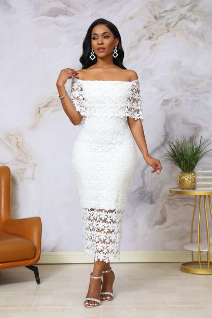 White 3D Floral Lace Off-Shoulder Dress | Elegant Bodycon Midi | Wedding Guest Bridal Shower Dress