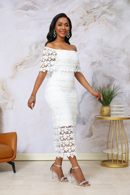 White 3D Floral Lace Off-Shoulder Dress | Elegant Bodycon Midi | Wedding Guest Bridal Shower Dress