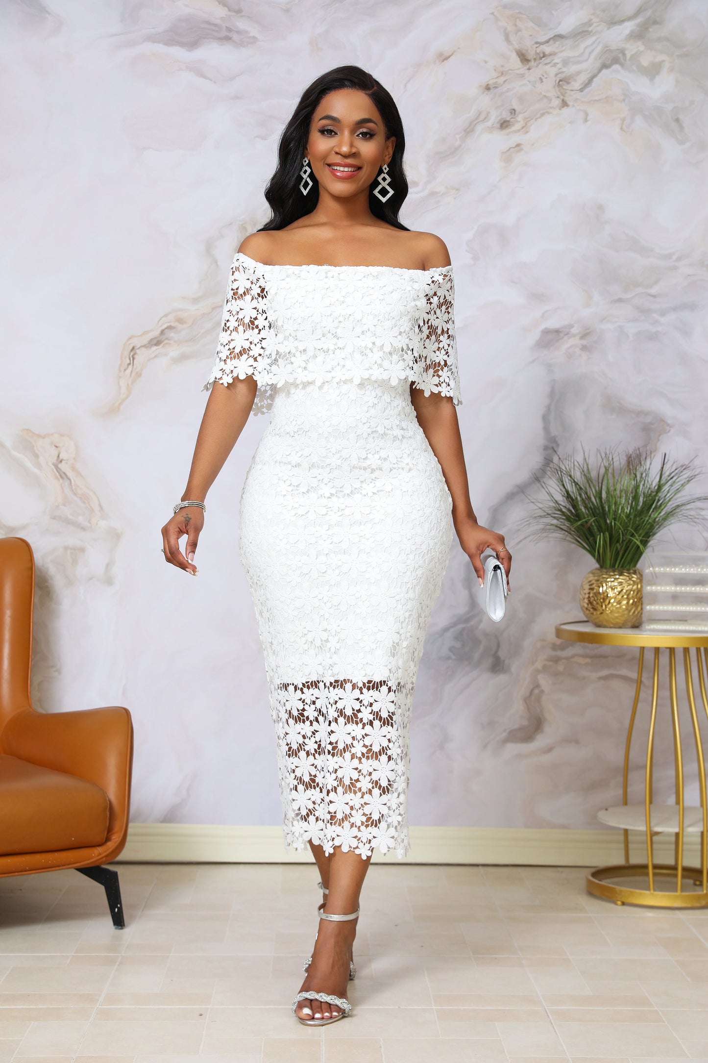 White 3D Floral Lace Off-Shoulder Dress | Elegant Bodycon Midi | Wedding Guest Bridal Shower Dress