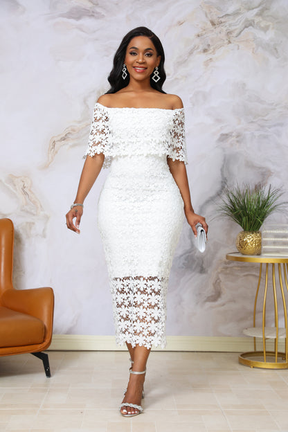 White 3D Floral Lace Off-Shoulder Dress | Elegant Bodycon Midi | Wedding Guest Bridal Shower Dress