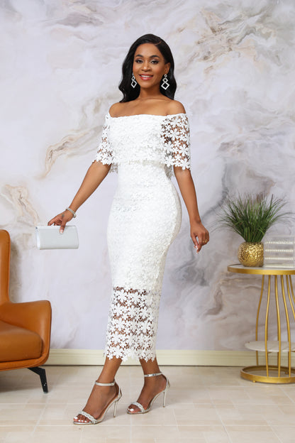 White 3D Floral Lace Off-Shoulder Dress | Elegant Bodycon Midi | Wedding Guest Bridal Shower Dress