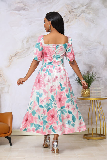 Pink Floral Square Neck Maxi Dress | 2 Colors | Puff Sleeve Ruched Bodice | Tropical Garden Party Wedding Guest Dress
