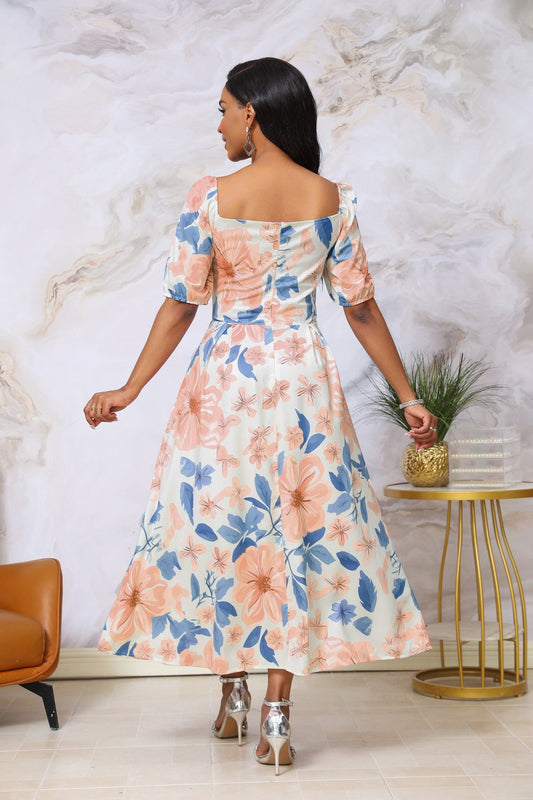 Floral Square Neck Puff Sleeve Ruched Bodice Maxi Dress - Garden Party Wedding Guest - MSHIGHBEAUTY