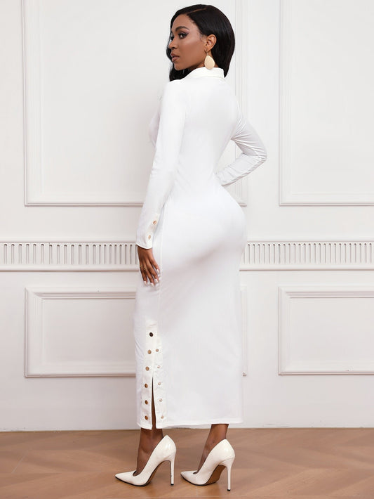 Turn-Down Collar Ribbed Knit Midi Dress with Side Button Detail - MSHIGHBEAUTY