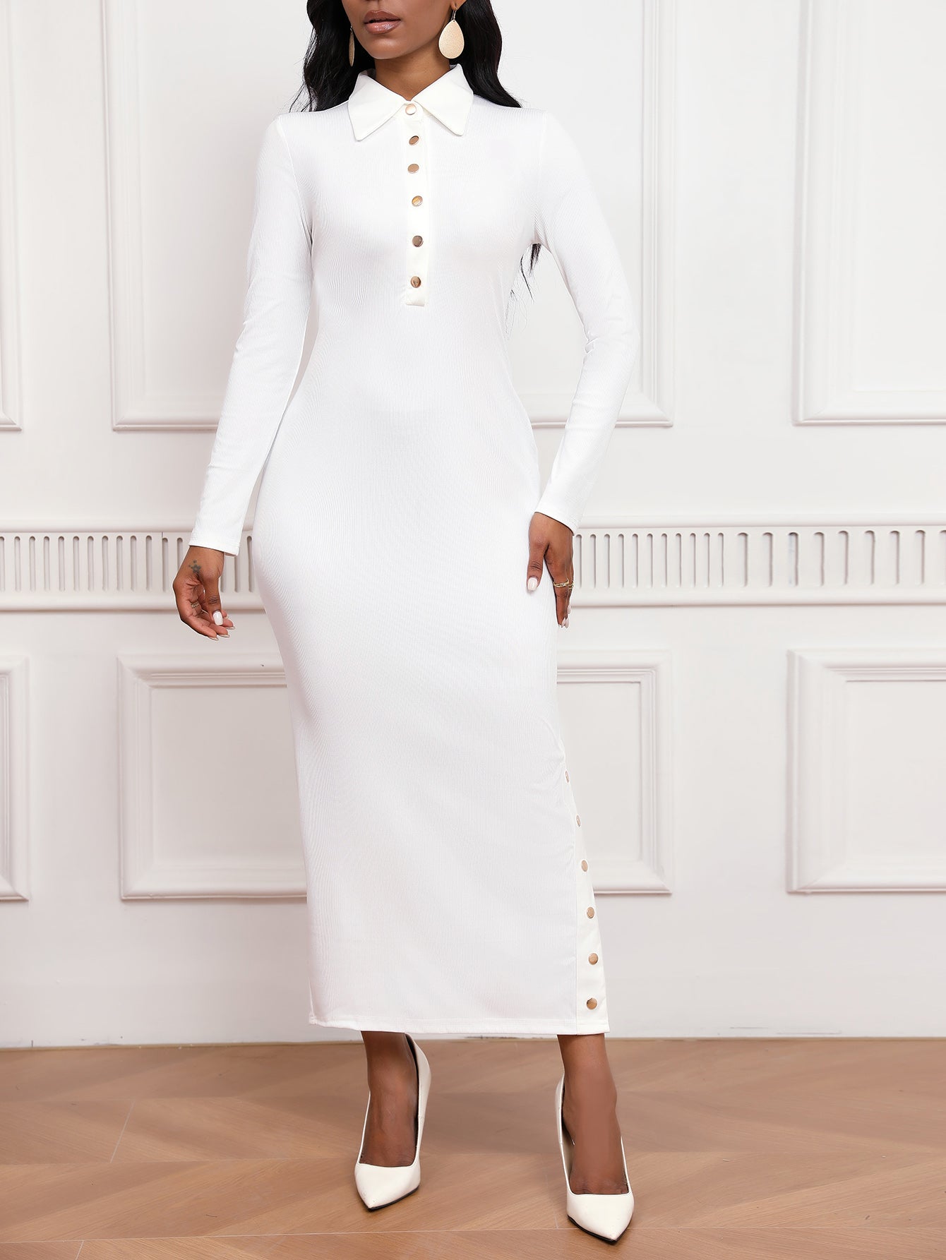 Turn-down Collar Knit Dress | White Ribbed Texture | Side Button Detail