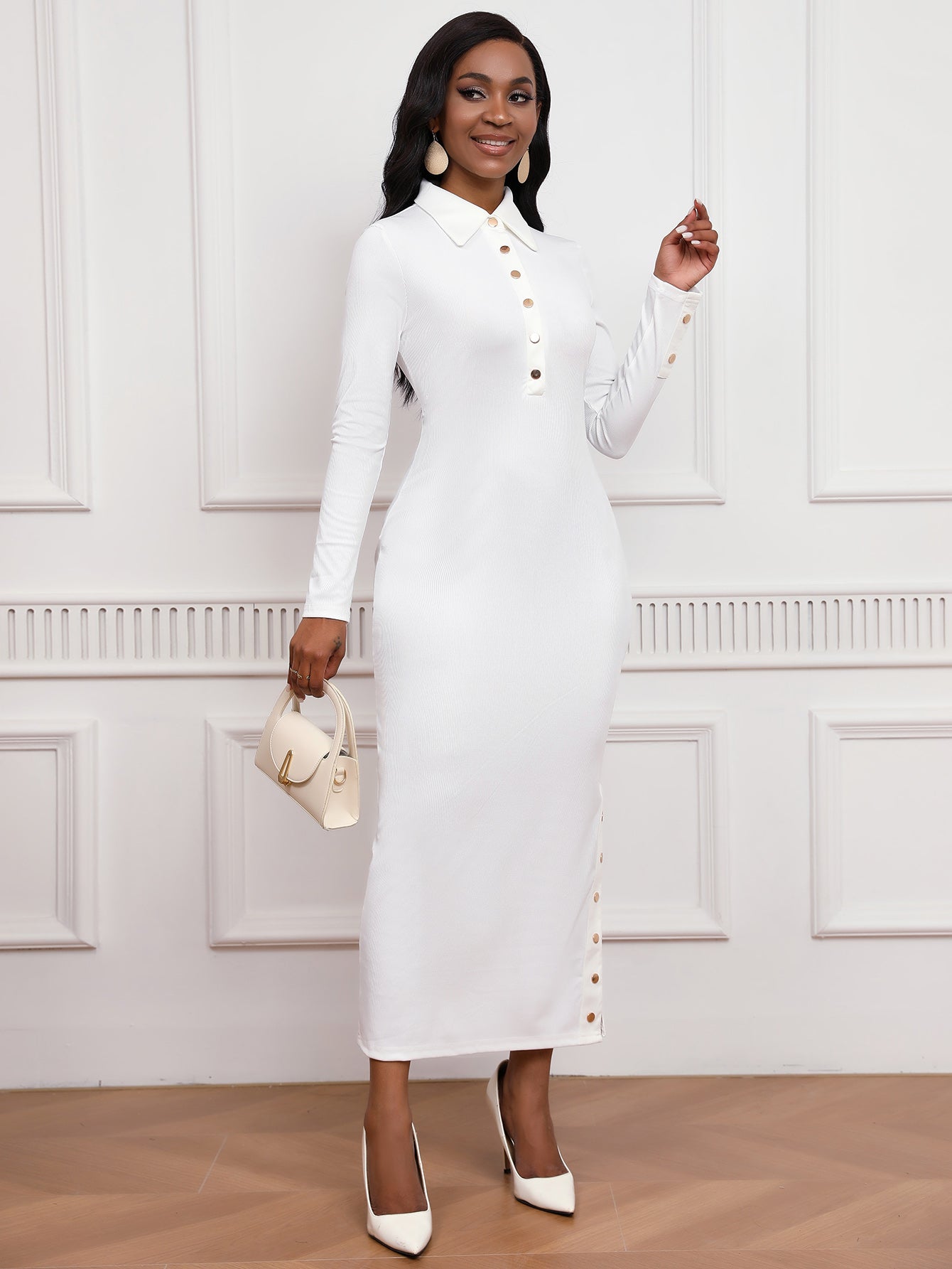 Turn-down Collar Knit Dress | White Ribbed Texture | Side Button Detail