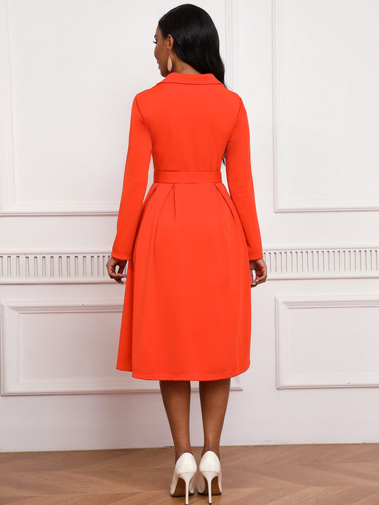 Blazer Collar Button Front Dress | 7 Colors | Belted A-Line Midi | Office Workwear Elegant Dress