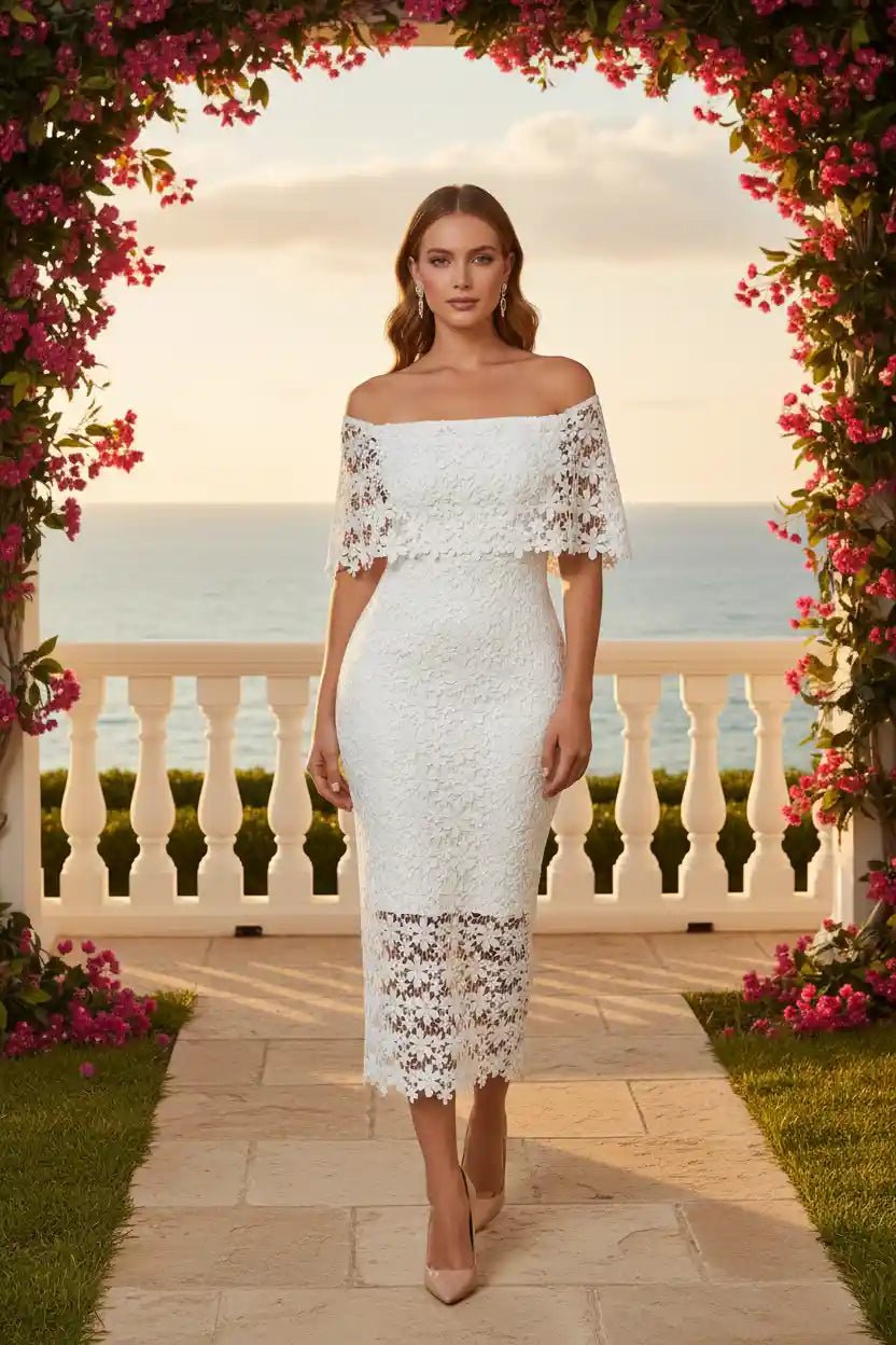 3D Floral Lace Off-Shoulder Bodycon Midi Dress - Wedding Guest Bridal Shower - MSHIGHBEAUTY