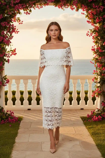 3D Floral Lace Off-Shoulder Bodycon Midi Dress - Wedding Guest Bridal Shower - MSHIGHBEAUTY